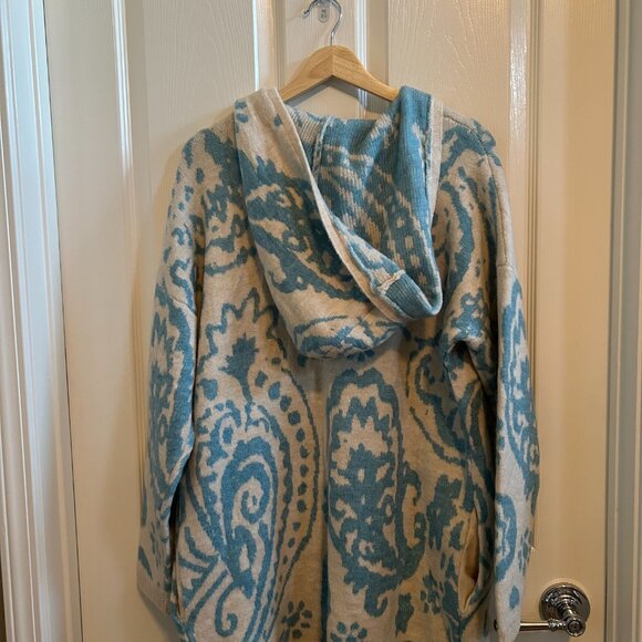 Stitchdrop Cardigan Hoodie Long Open Front Sweater Cream/Blue Pattern SZM - Picture 6 of 10